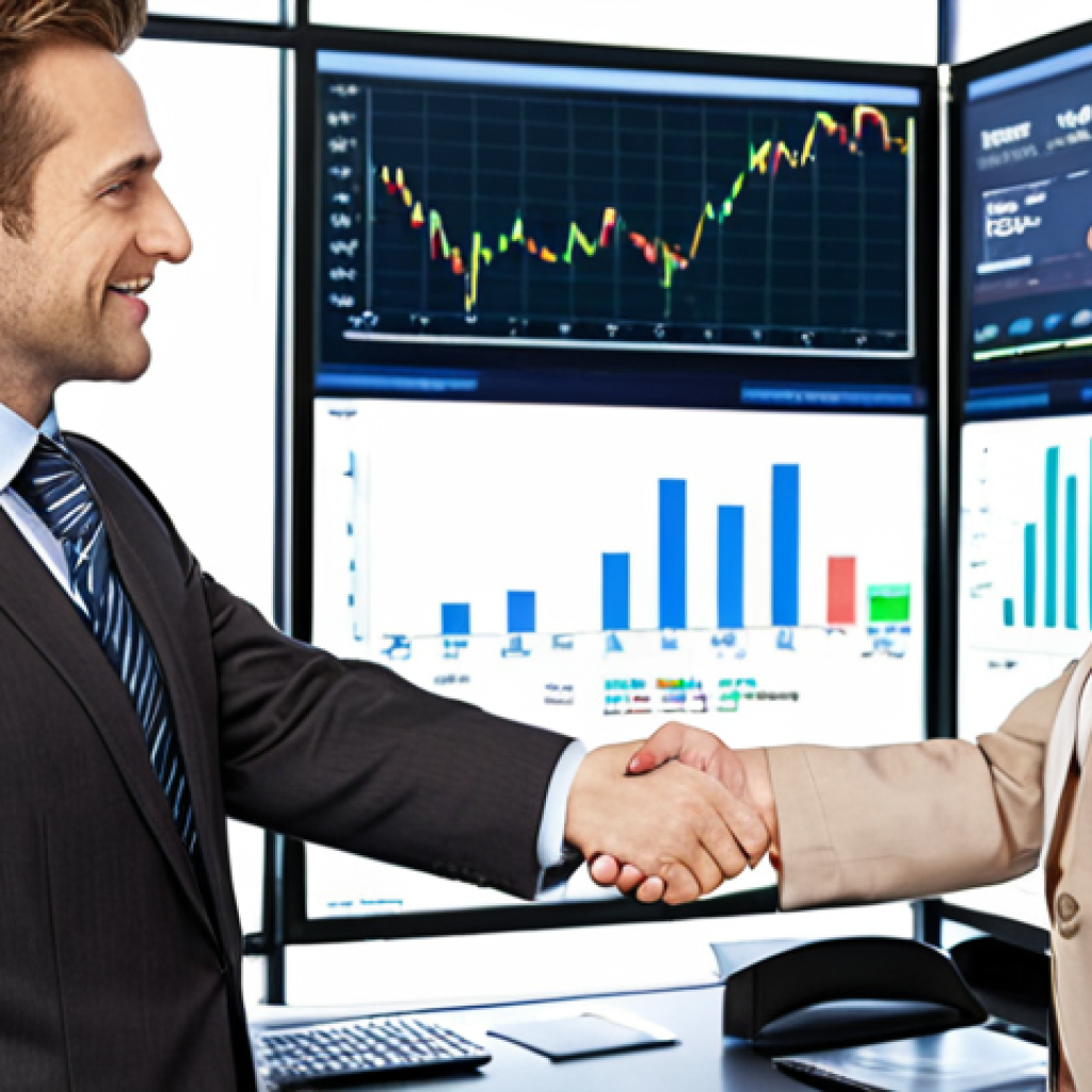 **Image:** A confident-looking financial advisor in a modern office, shaking hands with a client. The office background should feature stock market charts subtly displayed on a screen. The atmosphere is professional and trustworthy.